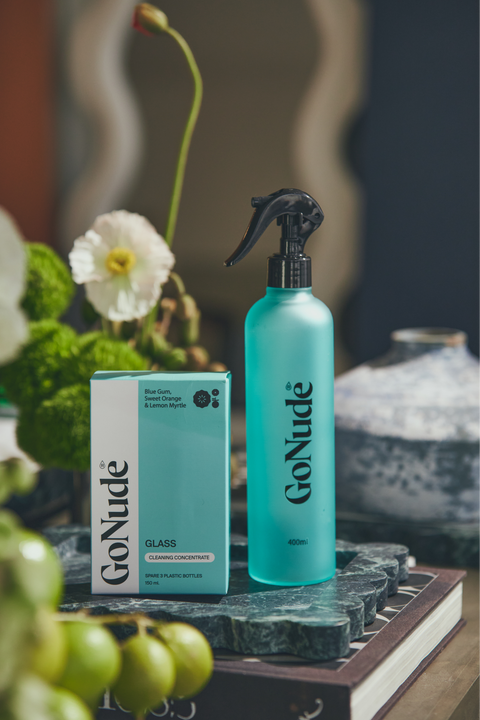 Go Nude Glass & Mirror Cleaner concentrate and Water Keeper bottle lifestyle