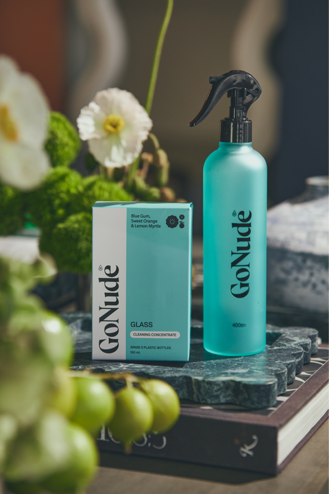 Go Nude Glass & Mirror Cleaner concentrate and Water Keeper bottle lifestyle