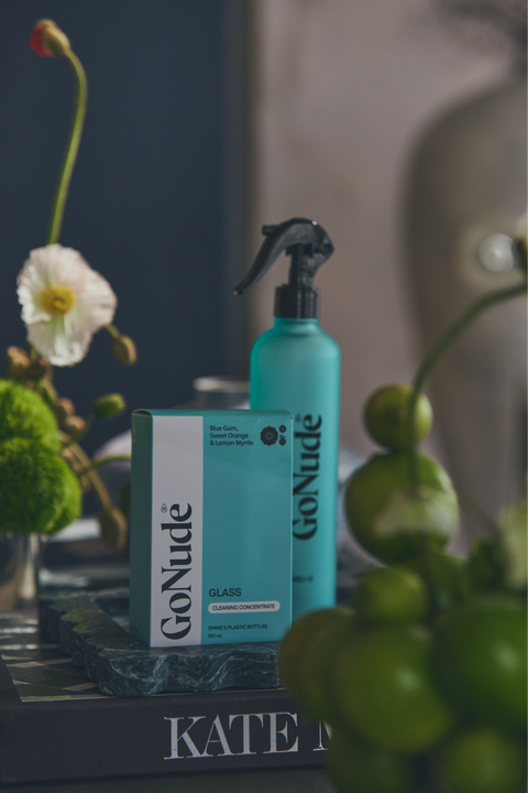 Go Nude Glass & Mirror Cleaner concentrate and Water Keeper bottle lifestyle